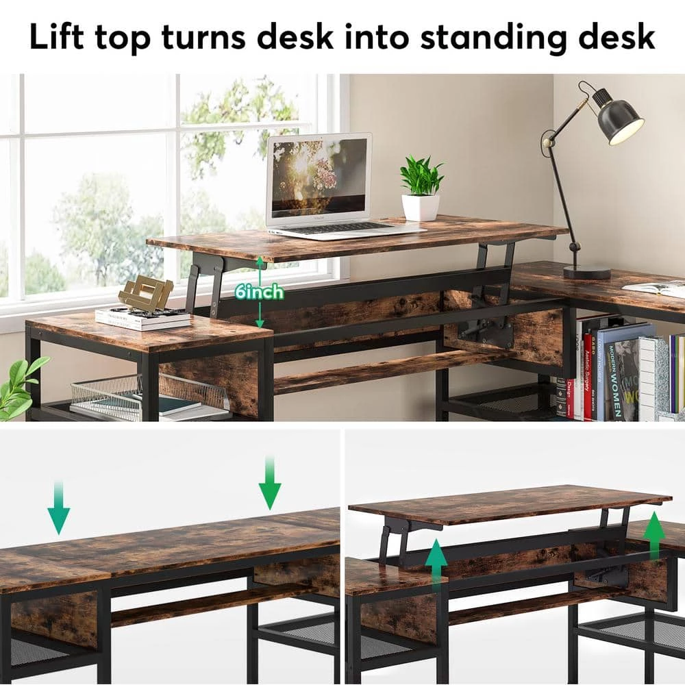 Monroe 63 in. Width Black Brown L-Shape Metal Particle Board Corner Computer Writing Desk Adjustable Lift Top 2 Shelves by TRIBESIGNS WAY TO ORIGIN 11 Monroe 63 in. Width Black Brown L-Shape Metal Particle Board Corner Computer Writing Desk Adjustable Lift Top 2 Shelves by TRIBESIGNS WAY TO ORIGIN - Image 9