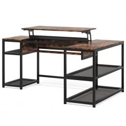 Monroe 63 in. Width Black Brown L-Shape Metal Particle Board Corner Computer Writing Desk Adjustable Lift Top 2 Shelves by TRIBESIGNS WAY TO ORIGIN