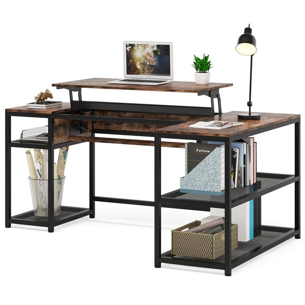 Monroe 63 in. Width Black Brown L-Shape Metal Particle Board Corner Computer Writing Desk Adjustable Lift Top 2 Shelves by TRIBESIGNS WAY TO ORIGIN 7 Monroe 63 in. Width Black Brown L-Shape Metal Particle Board Corner Computer Writing Desk Adjustable Lift Top 2 Shelves by TRIBESIGNS WAY TO ORIGIN - Image 5