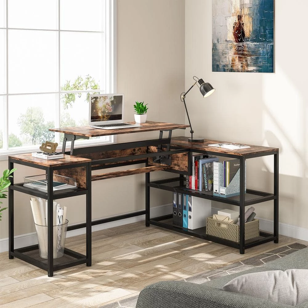 Monroe 63 in. Width Black Brown L-Shape Metal Particle Board Corner Computer Writing Desk Adjustable Lift Top 2 Shelves by TRIBESIGNS WAY TO ORIGIN 8 Monroe 63 in. Width Black Brown L-Shape Metal Particle Board Corner Computer Writing Desk Adjustable Lift Top 2 Shelves by TRIBESIGNS WAY TO ORIGIN - Image 6