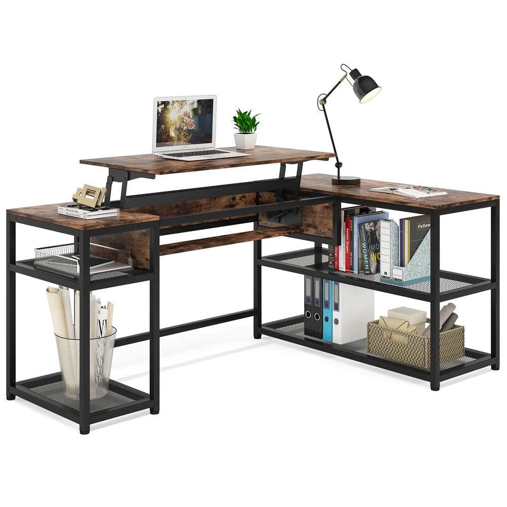 Monroe 63 in. Width Black Brown L-Shape Metal Particle Board Corner Computer Writing Desk Adjustable Lift Top 2 Shelves by TRIBESIGNS WAY TO ORIGIN 14 Monroe 63 in. Width Black Brown L-Shape Metal Particle Board Corner Computer Writing Desk Adjustable Lift Top 2 Shelves by TRIBESIGNS WAY TO ORIGIN - Image 12