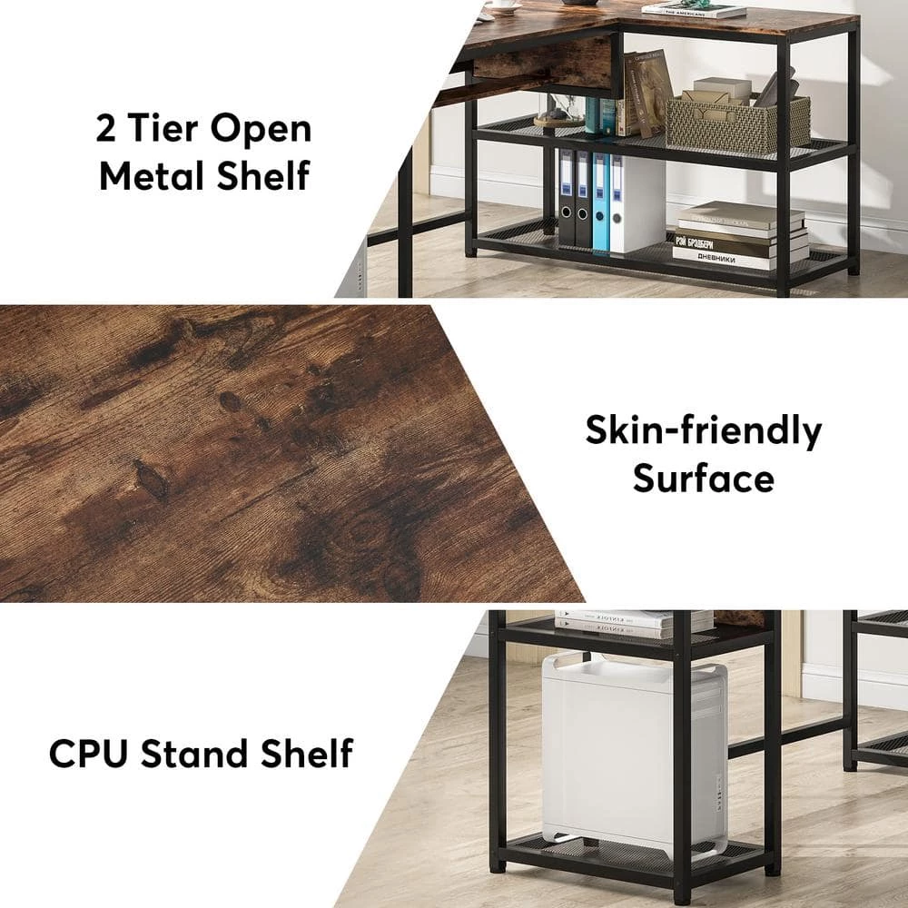 Monroe 63 in. Width Black Brown L-Shape Metal Particle Board Corner Computer Writing Desk Adjustable Lift Top 2 Shelves by TRIBESIGNS WAY TO ORIGIN 12 Monroe 63 in. Width Black Brown L-Shape Metal Particle Board Corner Computer Writing Desk Adjustable Lift Top 2 Shelves by TRIBESIGNS WAY TO ORIGIN - Image 10