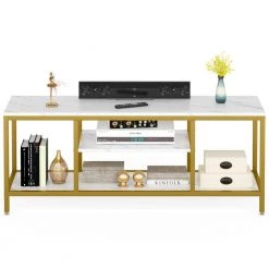 Tabor 59 in. Gold and White TV Executive Desk Stand with 3-Tier Open Storage Shelves up to 65 in. by TRIBESIGNS WAY TO ORIGIN -Deals Glitzhome Store rustic brown tribesigns way to origin computer desks hd c0676 wzz 77 1000