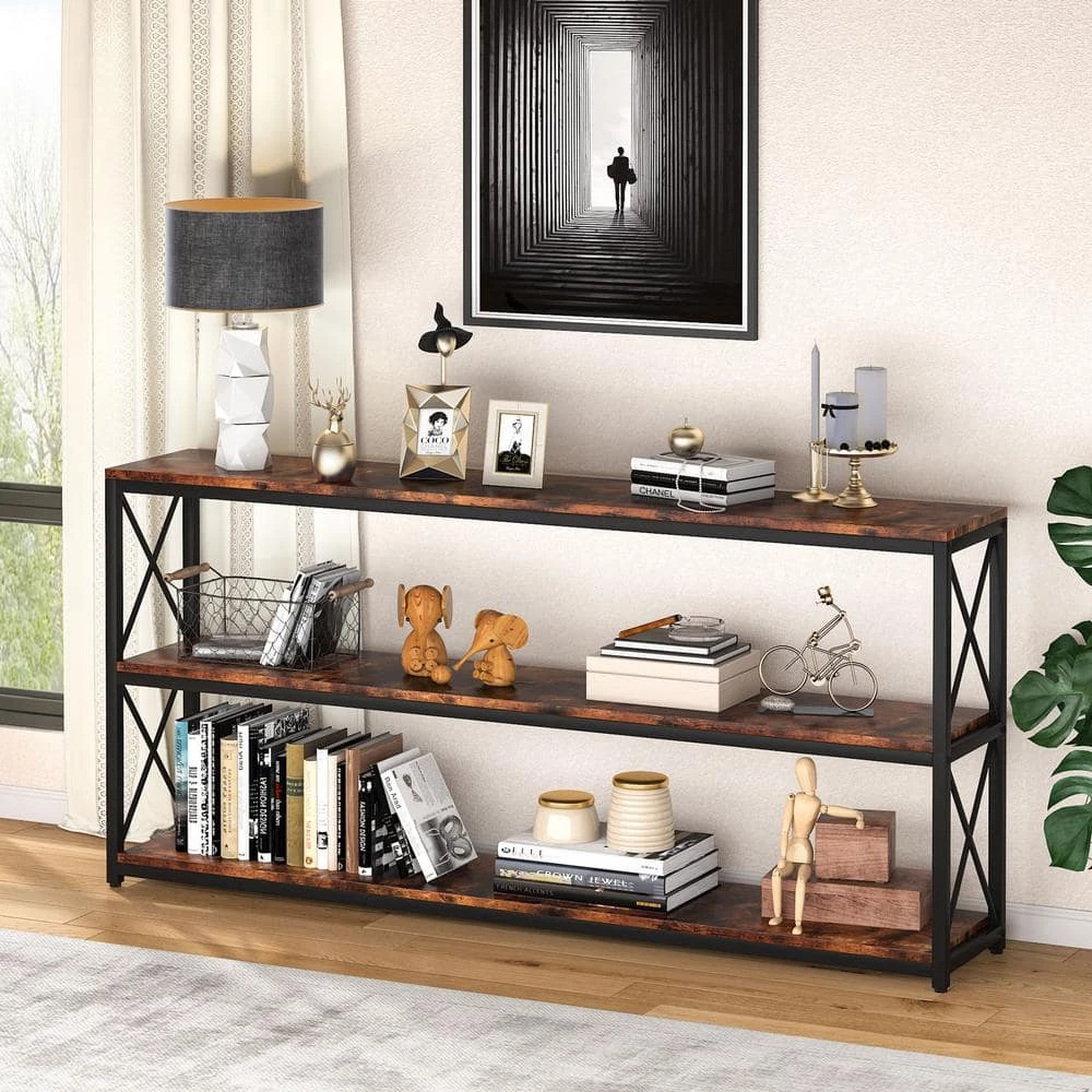 Bulgari 70.89 in. Rustic Brown Wood Console Table Sofa Table with 3-Open Storage Shelves by TRIBESIGNS WAY TO ORIGIN 4 Bulgari 70.89 in. Rustic Brown Wood Console Table Sofa Table with 3-Open Storage Shelves by TRIBESIGNS WAY TO ORIGIN - Image 2