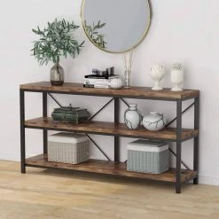 Adan 55 in. Rustic Brown Standard Rectangle Wood Console Table with 3 Tiers by TRIBESIGNS WAY TO ORIGIN -Deals Glitzhome Store rustic brown tribesigns way to origin console tables hd m0152 31 1000