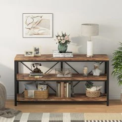 Adan 55 in. Rustic Brown Standard Rectangle Wood Console Table with 3 Tiers by TRIBESIGNS WAY TO ORIGIN -Deals Glitzhome Store rustic brown tribesigns way to origin console tables hd m0152 4f 1000