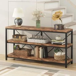 Adan 55 in. Rustic Brown Standard Rectangle Wood Console Table with 3 Tiers by TRIBESIGNS WAY TO ORIGIN