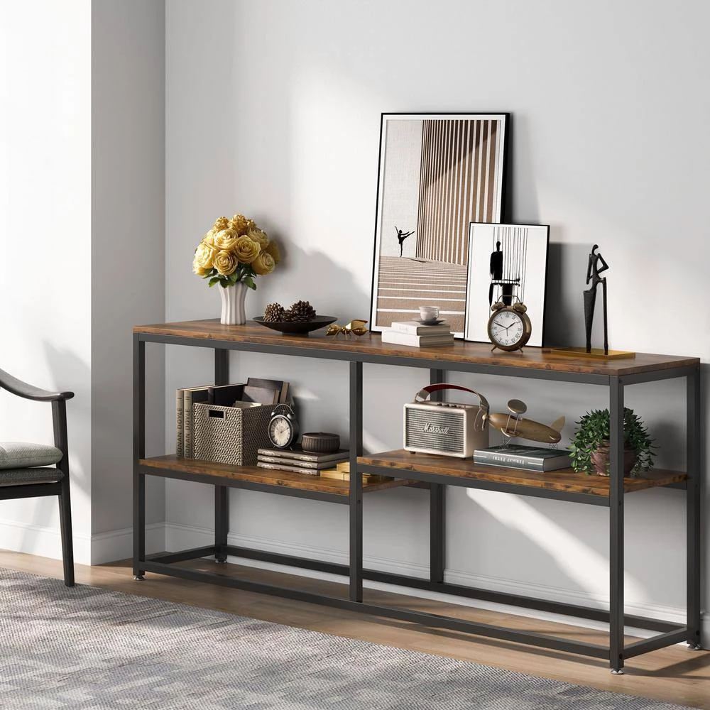 Benjamin 71 in. Rustic Brown Rectangle Wood Console Table Modern Industrial Narrow Sofa Table Hallway Table by TRIBESIGNS WAY TO ORIGIN 4 Benjamin 71 in. Rustic Brown Rectangle Wood Console Table Modern Industrial Narrow Sofa Table Hallway Table by TRIBESIGNS WAY TO ORIGIN - Image 2