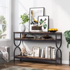 Benjamin 55 in. Rustic Brown Standard Rectangle Wood Console Table with 3 shelves For Home Living Room Entryway by TRIBESIGNS WAY TO ORIGIN 10 Benjamin 55 in. Rustic Brown Standard Rectangle Wood Console Table with 3 shelves For Home Living Room Entryway by TRIBESIGNS WAY TO ORIGIN -Deals Glitzhome Store rustic brown tribesigns way to origin console tables hd zwq2186 c3 1000