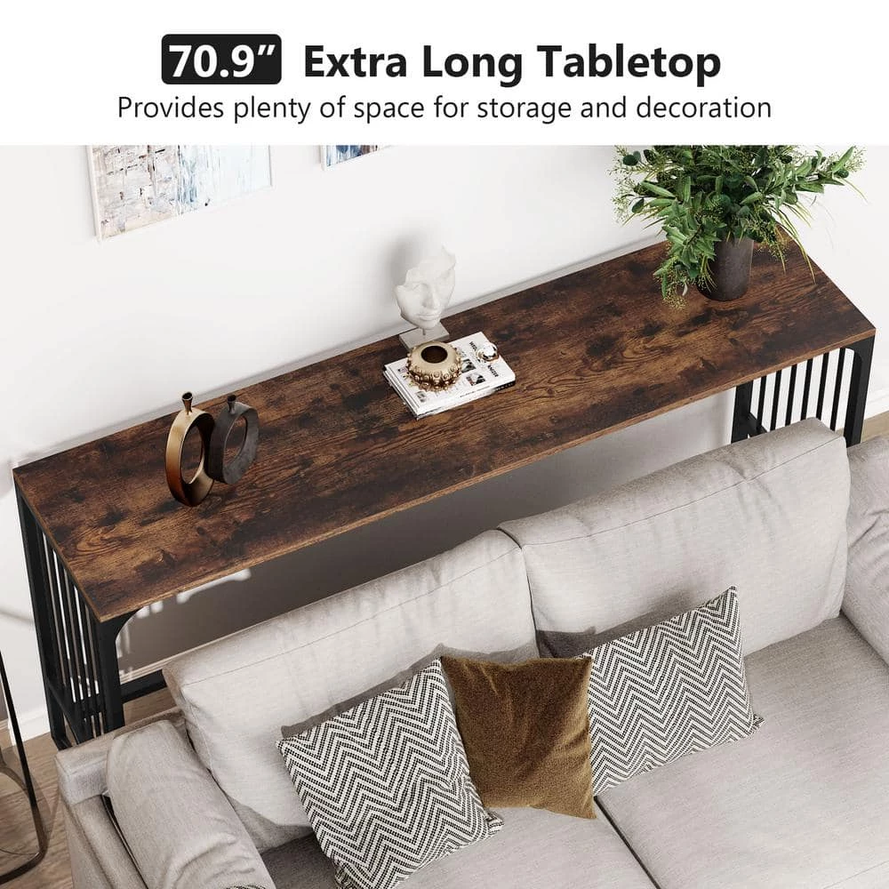 Tabor 70.9 inch Rectangle Wooden Industrial Rustic Brown Extra Long Console Table with Sturdy Metal Frame by TRIBESIGNS WAY TO ORIGIN 4 Tabor 70.9 inch Rectangle Wooden Industrial Rustic Brown Extra Long Console Table with Sturdy Metal Frame by TRIBESIGNS WAY TO ORIGIN - Image 2