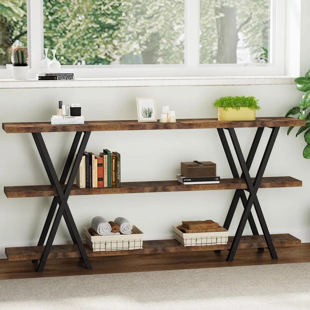 Benjamin 70.9 in. Rustic Brown Long Console Table with 3-Storage Shelves by TRIBESIGNS WAY TO ORIGIN 7 Benjamin 70.9 in. Rustic Brown Long Console Table with 3-Storage Shelves by TRIBESIGNS WAY TO ORIGIN - Image 5