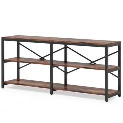 Bulgari 70.9 in. Rectangle Black Metal Brown Particle Board Wood Console Table Sofa Table with 3 Open Storage Shelves by TRIBESIGNS WAY TO ORIGIN