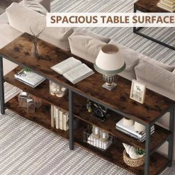 Bulgari 70.9 in. Rectangle Black Metal Brown Particle Board Wood Console Table Sofa Table with 3 Open Storage Shelves by TRIBESIGNS WAY TO ORIGIN -Deals Glitzhome Store rustic brown tribesigns way to origin console tables hd zycj127 a0 1000