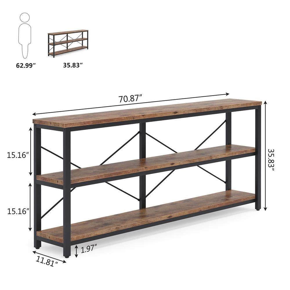 Eileen 70.9 in. Rectangle Black Metal Rustic Brown Particle Board Wood Top Sofa Table with 3 Open Storage Shelves by TRIBESIGNS WAY TO ORIGIN 5 Eileen 70.9 in. Rectangle Black Metal Rustic Brown Particle Board Wood Top Sofa Table with 3 Open Storage Shelves by TRIBESIGNS WAY TO ORIGIN - Image 3