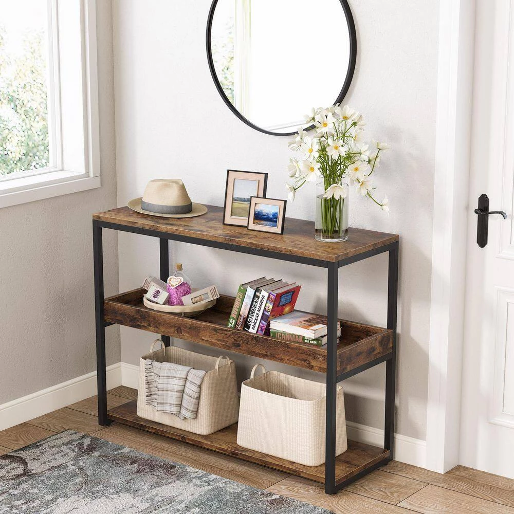 39.3 in. Rustic Brown Oak Standard Rectangle Wood Console Table with Storage by TRIBESIGNS WAY TO ORIGIN 9 39.3 in. Rustic Brown Oak Standard Rectangle Wood Console Table with Storage by TRIBESIGNS WAY TO ORIGIN - Image 7