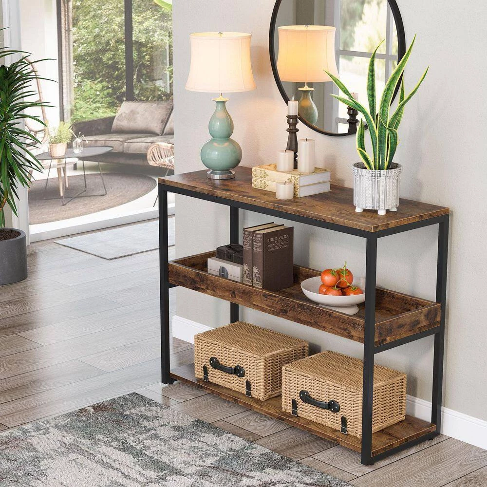 39.3 in. Rustic Brown Oak Standard Rectangle Wood Console Table with Storage by TRIBESIGNS WAY TO ORIGIN 5 39.3 in. Rustic Brown Oak Standard Rectangle Wood Console Table with Storage by TRIBESIGNS WAY TO ORIGIN - Image 3