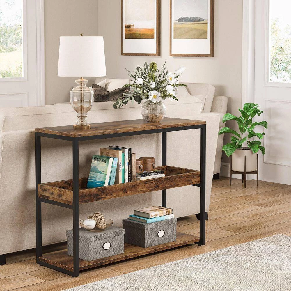 39.3 in. Rustic Brown Oak Standard Rectangle Wood Console Table with Storage by TRIBESIGNS WAY TO ORIGIN 4 39.3 in. Rustic Brown Oak Standard Rectangle Wood Console Table with Storage by TRIBESIGNS WAY TO ORIGIN - Image 2