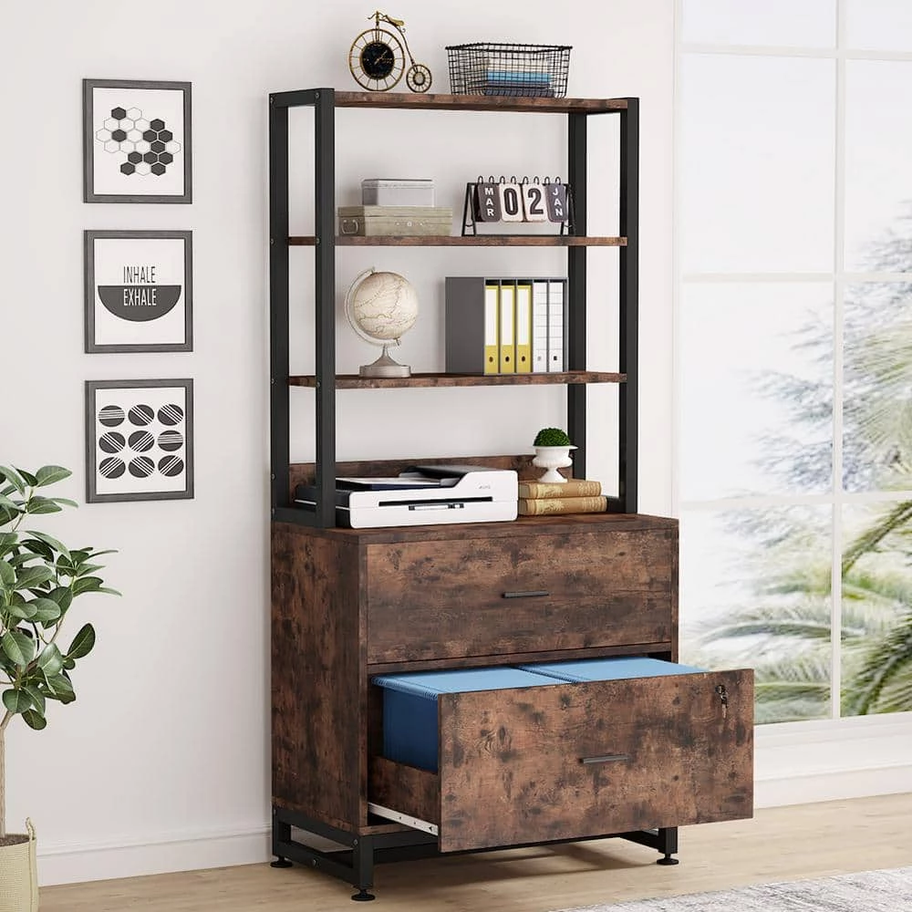 Calvin Rustic Brown Lateral Particle Board File Cabinet Printer Stand with 4 Shelves and 2 Drawers by TRIBESIGNS WAY TO ORIGIN 6 Calvin Rustic Brown Lateral Particle Board File Cabinet Printer Stand with 4 Shelves and 2 Drawers by TRIBESIGNS WAY TO ORIGIN - Image 4
