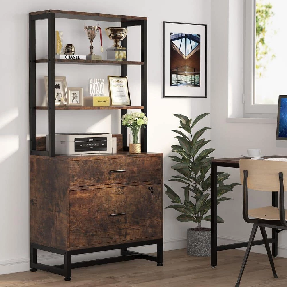 Calvin Rustic Brown Lateral Particle Board File Cabinet Printer Stand with 4 Shelves and 2 Drawers by TRIBESIGNS WAY TO ORIGIN 4 Calvin Rustic Brown Lateral Particle Board File Cabinet Printer Stand with 4 Shelves and 2 Drawers by TRIBESIGNS WAY TO ORIGIN - Image 2