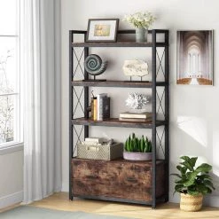 Debby Rustic Brown Lateral Particle Board File Cabinet Printer Stand with 4 Shelves and Drawer by TRIBESIGNS WAY TO ORIGIN -Deals Glitzhome Store rustic brown tribesigns way to origin file cabinets hd c0294 c3 1000