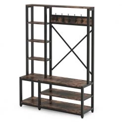 Billie Rustic Brown Wood Hall Tree with Side Storage Shelves for Entryway Living Room Bedroom by TRIBESIGNS WAY TO ORIGIN