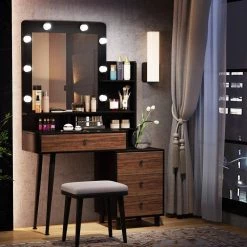 Ellie Rustic Brown Trunk Vanity Dressing Table 9-Bulbs Lighted and 3 Drawers 63 in. x 41.8 in. x 11.4 in. by TRIBESIGNS WAY TO ORIGIN -Deals Glitzhome Store rustic brown tribesigns way to origin makeup vanities hd czs0153 31 1000