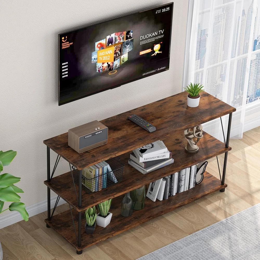 Hackett 47 in. Rustic Brown TV Stand Fits TV's up to 55 in. with 3 Open Storage Shelves by TRIBESIGNS WAY TO ORIGIN 4 Hackett 47 in. Rustic Brown TV Stand Fits TV's up to 55 in. with 3 Open Storage Shelves by TRIBESIGNS WAY TO ORIGIN - Image 2
