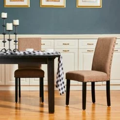 Upholstered Tan Fabric Dining Side Chair with Studded Decor (Set of 2) by Glitzhome