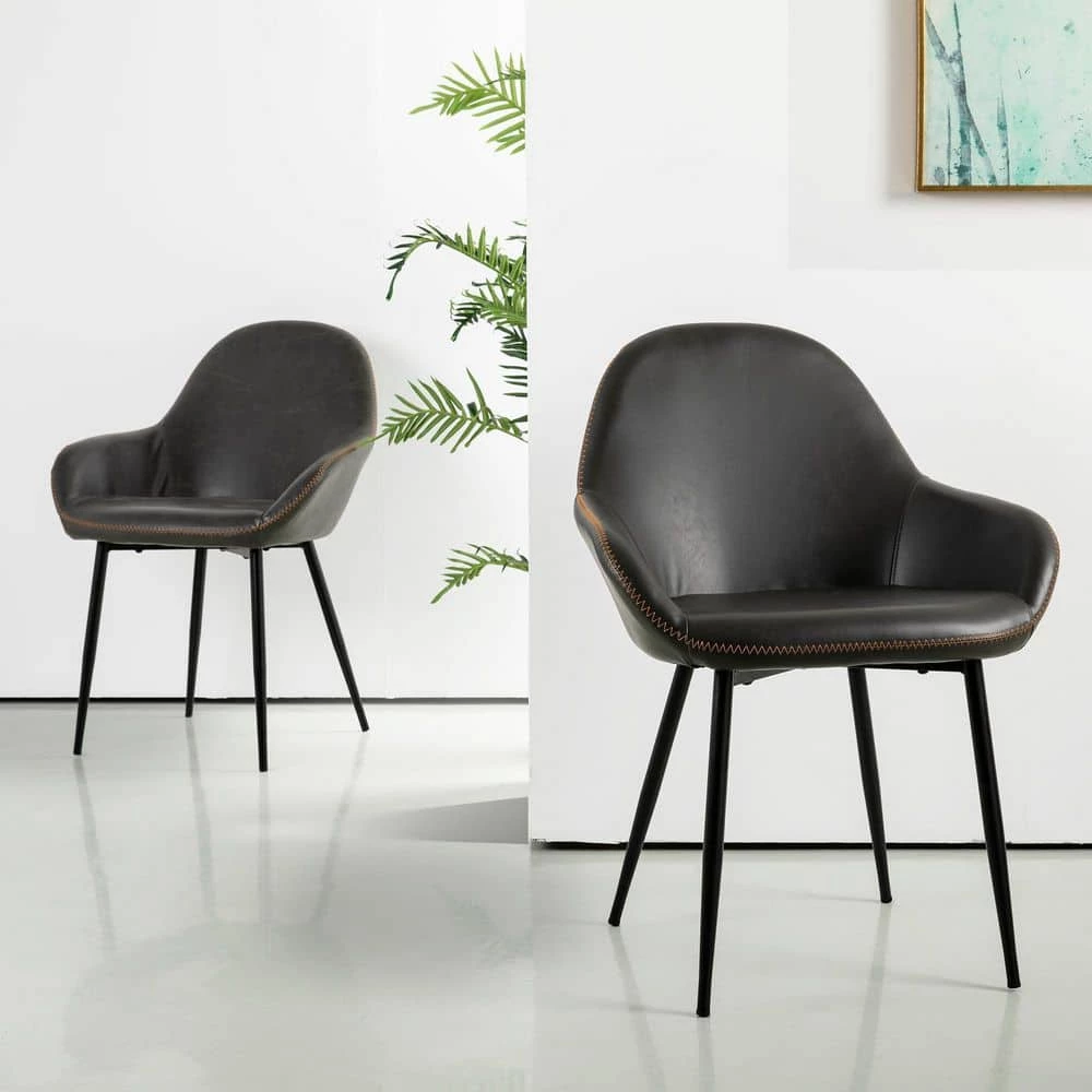 S/2 Mid-Century Modern Vintage Gray Leatherette Dining Arm Chair by Glitzhome 4 S/2 Mid-Century Modern Vintage Gray Leatherette Dining Arm Chair by Glitzhome - Image 2