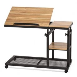 Andrea 34.64 in. Walnut C-Shape Brown Wood Mobile Tiltable Drawing Board Height Adjustable Laptop End Storage Shelf Cart by TRIBESIGNS WAY TO ORIGIN