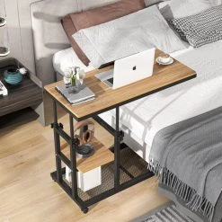 Andrea 34.64 in. Walnut C-Shape Brown Wood Mobile Tiltable Drawing Board Height Adjustable Laptop End Storage Shelf Cart by TRIBESIGNS WAY TO ORIGIN -Deals Glitzhome Store walnut tribesigns way to origin c tables hd c0365 wzz 66 1000