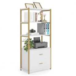 Kaduna 23.6 in. Wide White and Gold 4-Shelf Etagere Bookcase with 2-Drawers by TRIBESIGNS WAY TO ORIGIN -Deals Glitzhome Store white and gold tribesigns way to origin bookcases bookshelves hd f1568 wzz 1f 1000