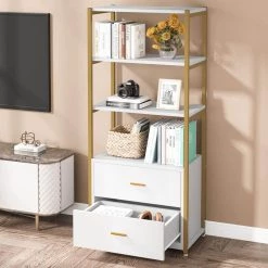 Kaduna 23.6 in. Wide White and Gold 4-Shelf Etagere Bookcase with 2-Drawers by TRIBESIGNS WAY TO ORIGIN -Deals Glitzhome Store white and gold tribesigns way to origin bookcases bookshelves hd f1568 wzz 44 1000