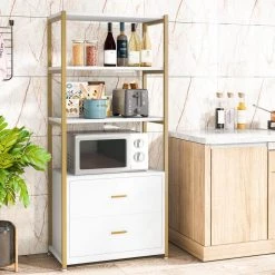 Kaduna 23.6 in. Wide White and Gold 4-Shelf Etagere Bookcase with 2-Drawers by TRIBESIGNS WAY TO ORIGIN -Deals Glitzhome Store white and gold tribesigns way to origin bookcases bookshelves hd f1568 wzz 4f 1000