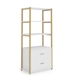 Kaduna 23.6 in. Wide White and Gold 4-Shelf Etagere Bookcase with 2-Drawers by TRIBESIGNS WAY TO ORIGIN