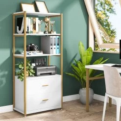 Kaduna 23.6 in. Wide White and Gold 4-Shelf Etagere Bookcase with 2-Drawers by TRIBESIGNS WAY TO ORIGIN -Deals Glitzhome Store white and gold tribesigns way to origin bookcases bookshelves hd f1568 wzz c3 1000