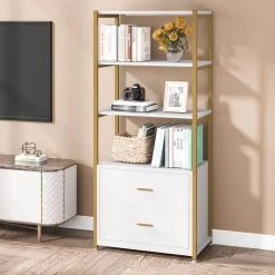 Kaduna 23.6 in. Wide White and Gold 4-Shelf Etagere Bookcase with 2-Drawers by TRIBESIGNS WAY TO ORIGIN -Deals Glitzhome Store white and gold tribesigns way to origin bookcases bookshelves hd f1568 wzz fa 1000 1