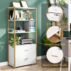 Kaduna 23.6 in. Wide White and Gold 4-Shelf Etagere Bookcase with 2-Drawers by TRIBESIGNS WAY TO ORIGIN -Deals Glitzhome Store white and gold tribesigns way to origin bookcases bookshelves hd f1568 wzz fa 1000