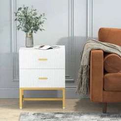Mayville 2 Drawers White and Gold Nightstand 25.59 in. Hight x 19.69 in. Width x 15.75 in. Depth by TRIBESIGNS WAY TO ORIGIN -Deals Glitzhome Store white and gold tribesigns way to origin nightstands hd sf0008b 31 1000