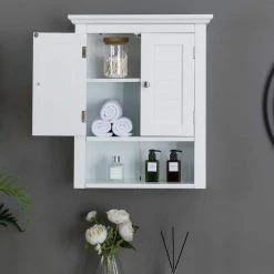 24.10 in. H Wooden White Wall Cabinet with Double Doors by Glitzhome -Deals Glitzhome Store white glitzhome accent cabinets 1517002241 77 1000