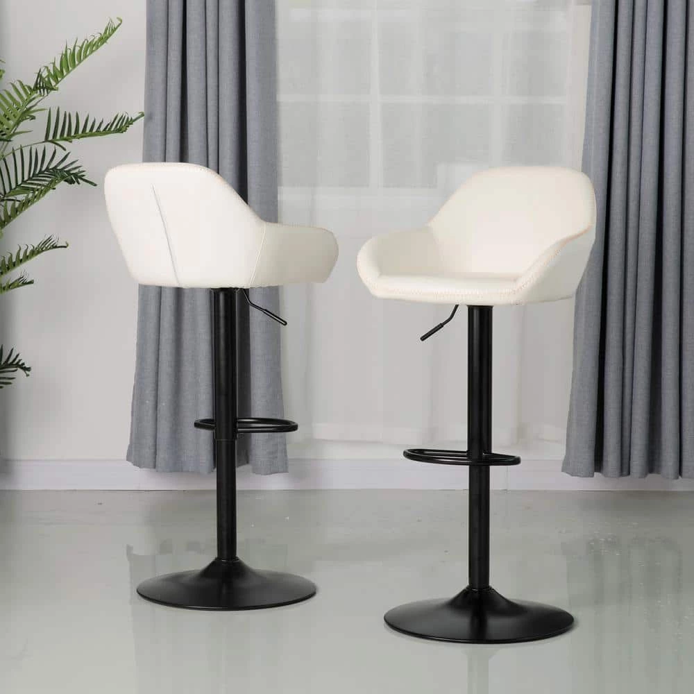 42.72 in. H White Mid-Century Modern Leatherette Gaslift Metal Frame Adjustable Swivel Low Back Bar Stool (Set of 2) by Glitzhome 3 42.72 in. H White Mid-Century Modern Leatherette Gaslift Metal Frame Adjustable Swivel Low Back Bar Stool (Set of 2) by Glitzhome