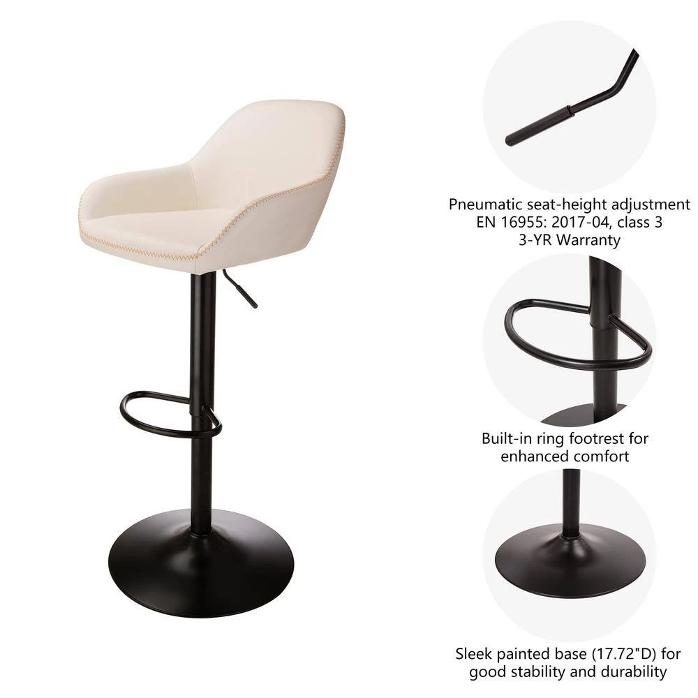 42.72 in. H White Mid-Century Modern Leatherette Gaslift Metal Frame Adjustable Swivel Low Back Bar Stool (Set of 2) by Glitzhome 6 42.72 in. H White Mid-Century Modern Leatherette Gaslift Metal Frame Adjustable Swivel Low Back Bar Stool (Set of 2) by Glitzhome - Image 4