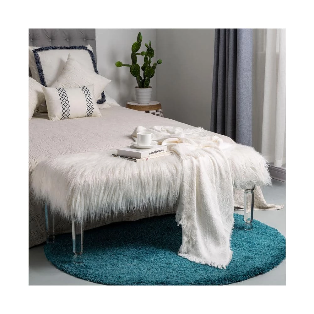 44.88 in. White Faux Fur Upholstered Bench with Acrylic Legs by Glitzhome 2 44.88 in. White Faux Fur Upholstered Bench with Acrylic Legs by Glitzhome