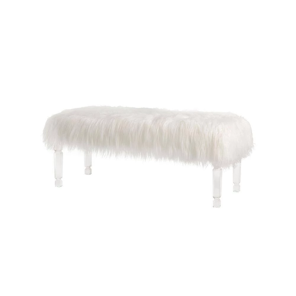 44.88 in. White Faux Fur Upholstered Bench with Acrylic Legs by Glitzhome 4 44.88 in. White Faux Fur Upholstered Bench with Acrylic Legs by Glitzhome - Image 3