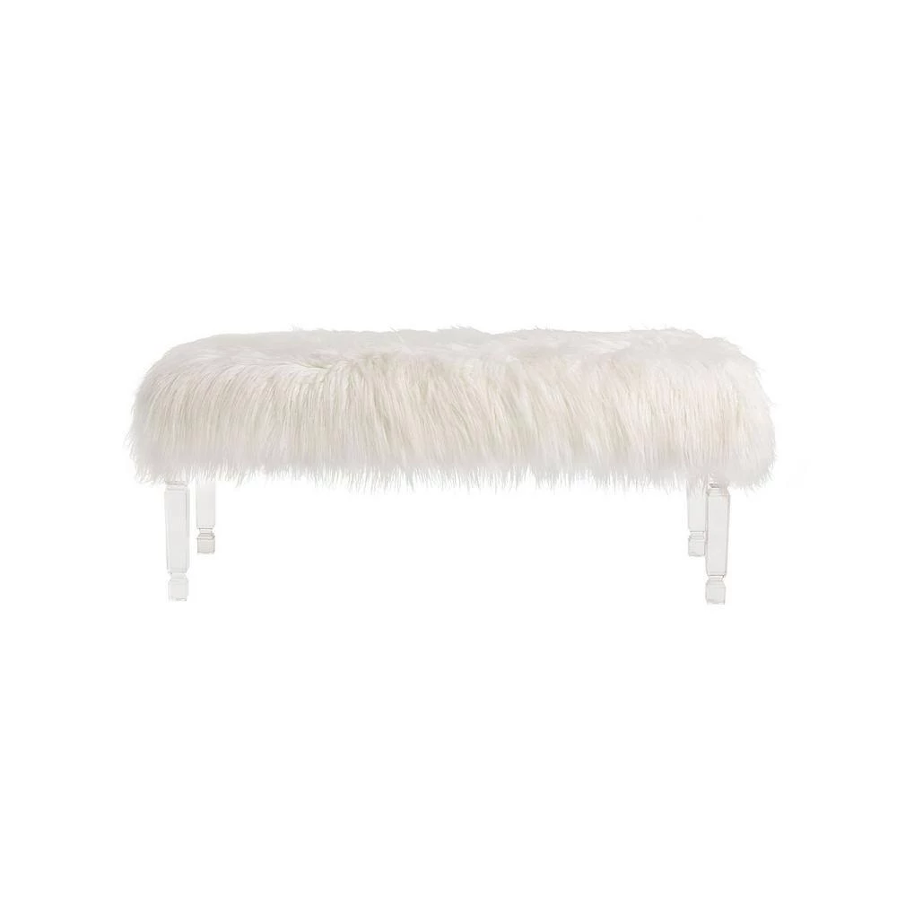 44.88 in. White Faux Fur Upholstered Bench with Acrylic Legs by Glitzhome 5 44.88 in. White Faux Fur Upholstered Bench with Acrylic Legs by Glitzhome - Image 4