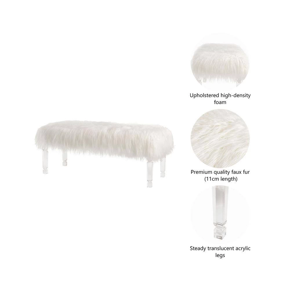 44.88 in. White Faux Fur Upholstered Bench with Acrylic Legs by Glitzhome 3 44.88 in. White Faux Fur Upholstered Bench with Acrylic Legs by Glitzhome - Image 2
