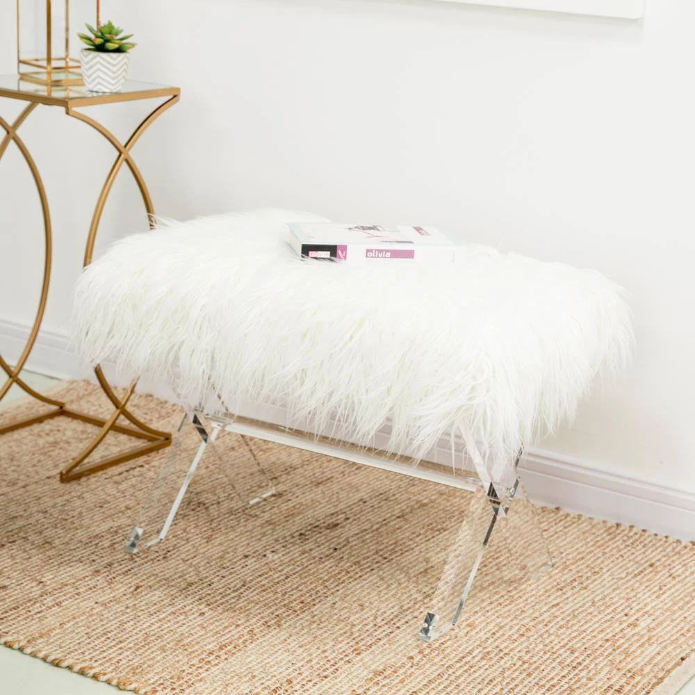 25.6 in. White Faux Fur Upholstered Bench with Acrylic X-Leg by Glitzhome 12 25.6 in. White Faux Fur Upholstered Bench with Acrylic X-Leg by Glitzhome - Image 11