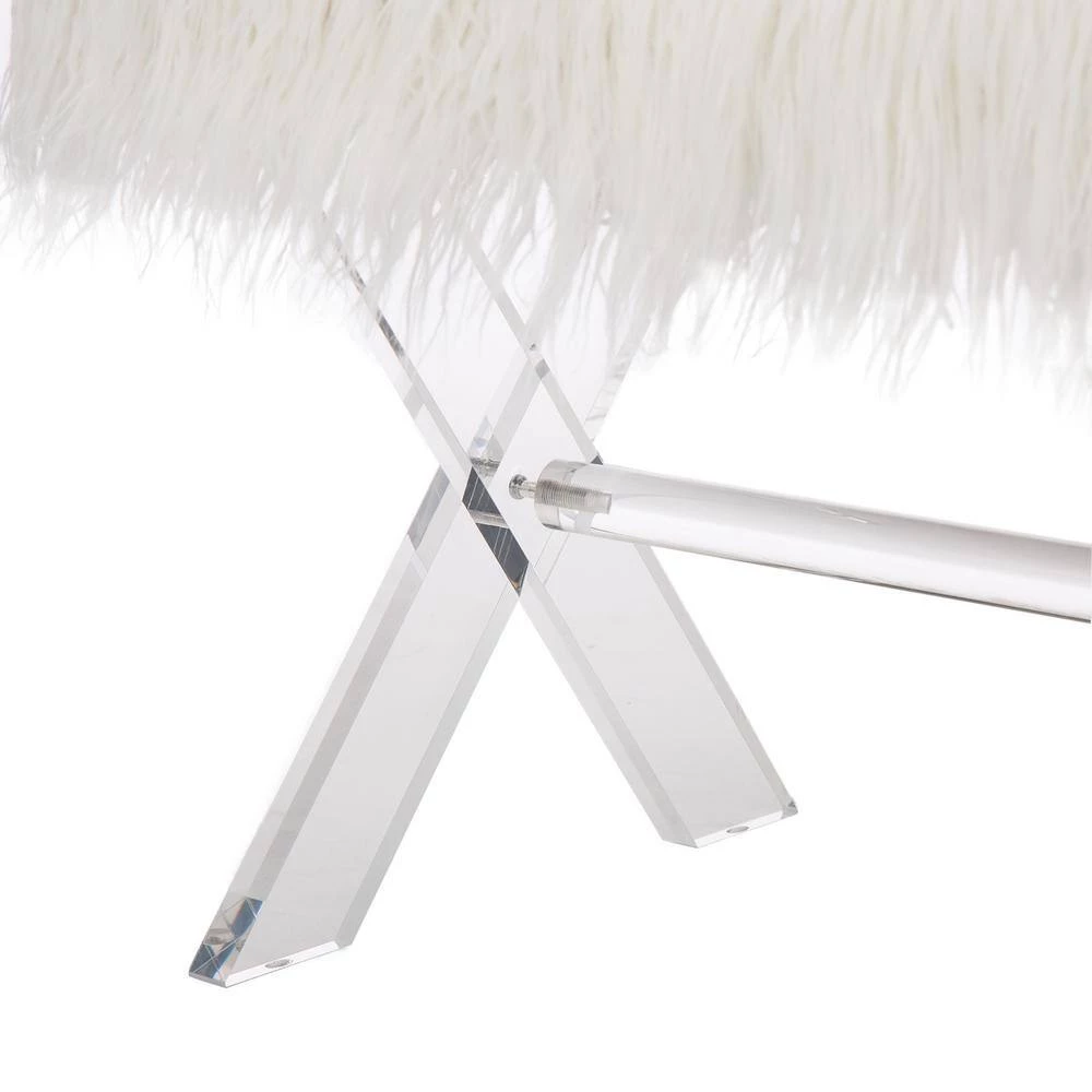 25.6 in. White Faux Fur Upholstered Bench with Acrylic X-Leg by Glitzhome 6 25.6 in. White Faux Fur Upholstered Bench with Acrylic X-Leg by Glitzhome - Image 5