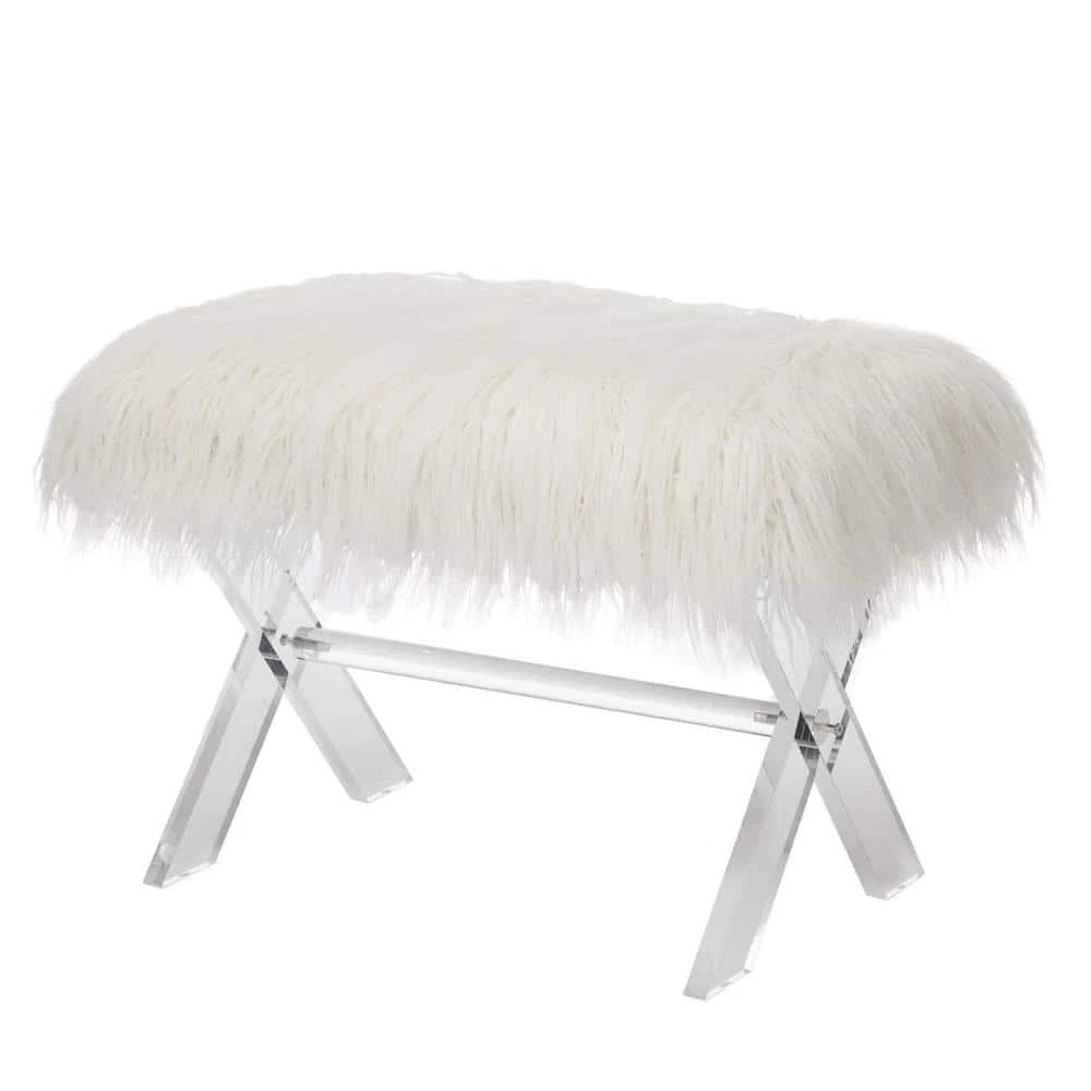 25.6 in. White Faux Fur Upholstered Bench with Acrylic X-Leg by Glitzhome 2 25.6 in. White Faux Fur Upholstered Bench with Acrylic X-Leg by Glitzhome