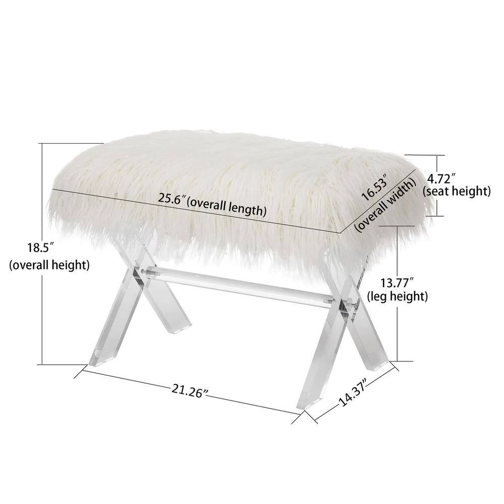 25.6 in. White Faux Fur Upholstered Bench with Acrylic X-Leg by Glitzhome 4 25.6 in. White Faux Fur Upholstered Bench with Acrylic X-Leg by Glitzhome - Image 3